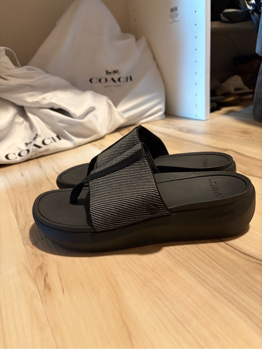Vionic Black and Gray Striped Slide Sandals - Picture 2 of 3